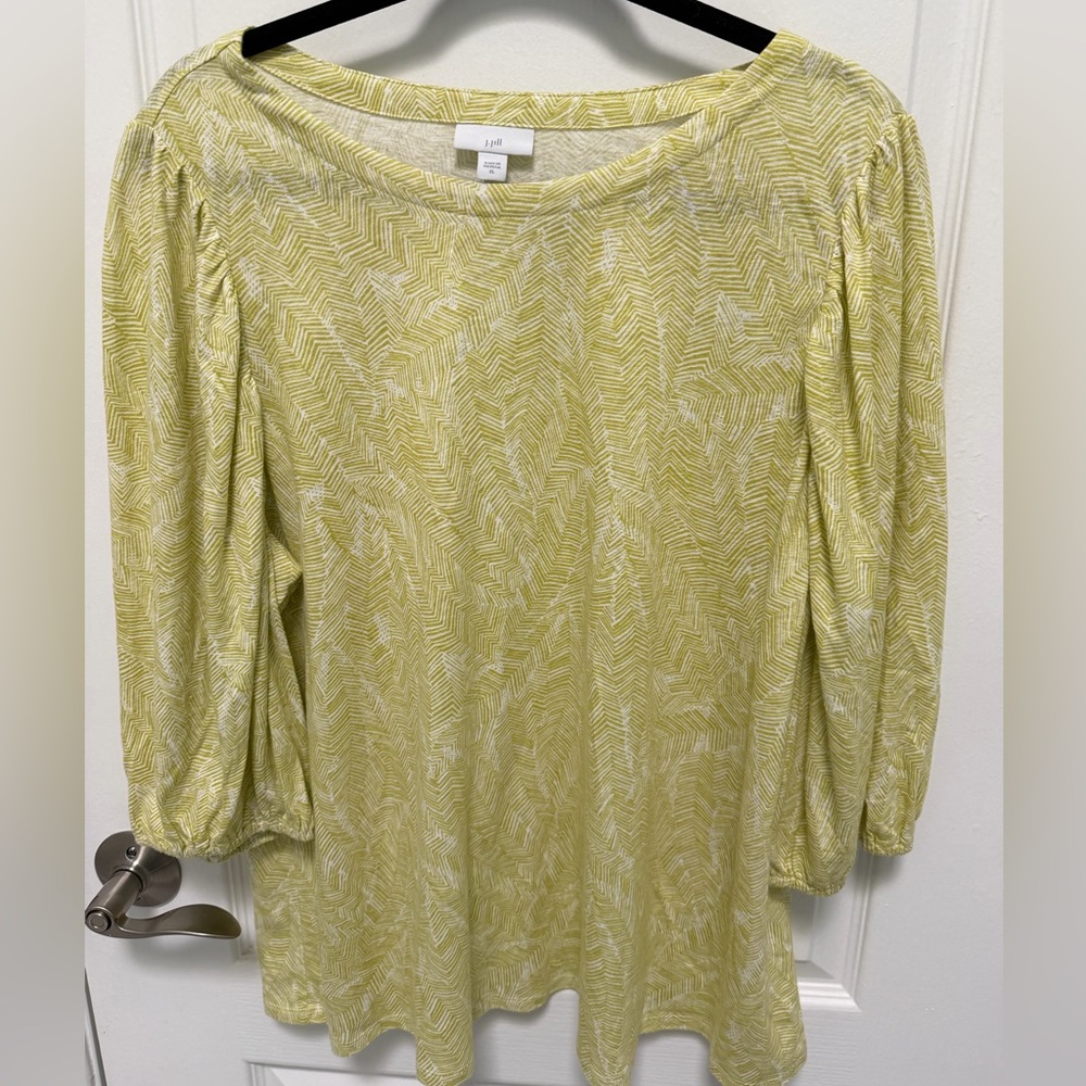 J. Jill Women's Yellow Patterned Boatneck Top, Size XL, Elastic 3/4 sleeves